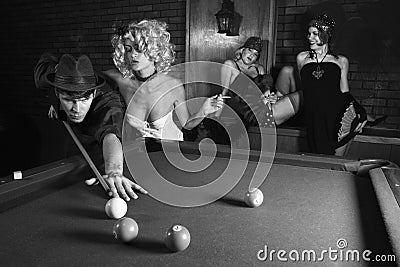 Retro male shooting pool. Stock Photo