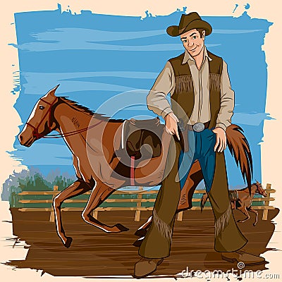 Retro man in horse ranch Cartoon Illustration