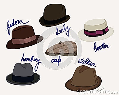 Retro man's hats. Various models of vintage hats. Vector isolated illustration. Stock Photo