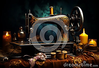 retro manual sewing machine, Antique black and gold with pattern on it Stock Photo