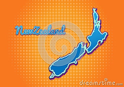 Retro map of new Zealand with halftone background. Cartoon map icon in comic book and pop art style. Cartography business concept Vector Illustration