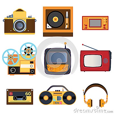 Retro media icons. Set of vector illustrations on the theme of retro media. TV, record player, set-top box, headphones, magneto in Vector Illustration