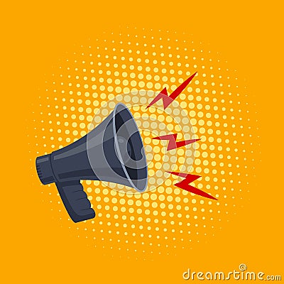 Retro megaphone vintage poster concept on halftone background. Loudspeaker retro sound design icon Vector Illustration