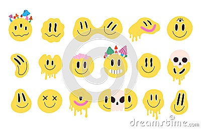 Retro melting crazy and dripping smiley face with mushrooms. Distorted graffiti emoji with skull. Hippie groovy smile Vector Illustration