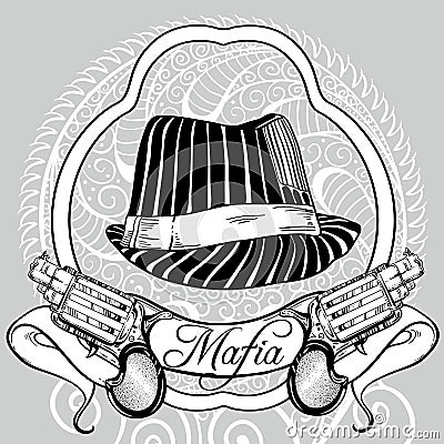 Retro men`s set: vector vintage illustration with gangster`s hat and revolvers Vector Illustration