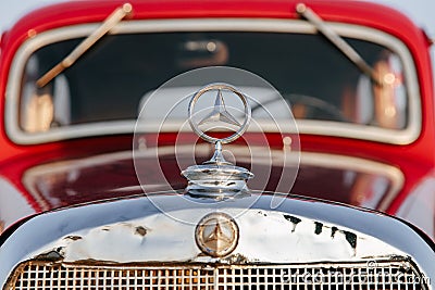 Retro Mercedes-Benz beige-scarlet car released in 1938, A rare car, a collectible car. Russia, Saint Petersburg, 08.08 Editorial Stock Photo