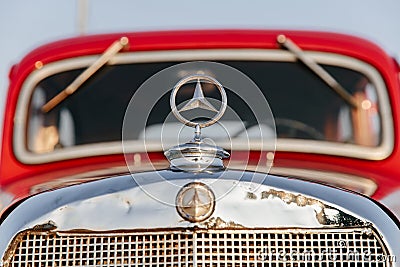 Retro Mercedes-Benz beige-scarlet car released in 1938, A rare car, a collectible car. Russia, Saint Petersburg, 08.08.2021 Editorial Stock Photo