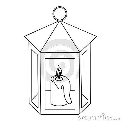 Retro metal lantern with burning red candle, doodle style flat vector outline for coloring book Vector Illustration