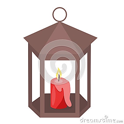 Retro metal lantern with burning red candle, front view, flat vector Vector Illustration