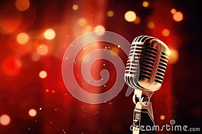 Retro microphone on stage with bokeh background, close up, Microphone for singer music background with spot lighting, AI Generated Stock Photo