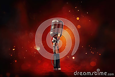 Retro microphone on stage with smoke and fire background. 3d rendering, Microphone for singer music background with spot lighting Stock Photo