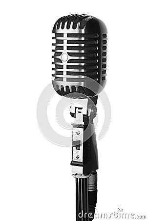 Retro microphone on stand isolated on white Stock Photo