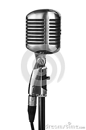 Retro microphone on stand isolated on white Stock Photo