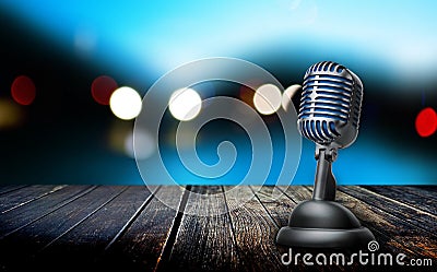 Retro microphone on wooden table Editorial Stock Photo