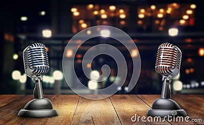 Retro microphones on wooden table Editorial Stock Photo