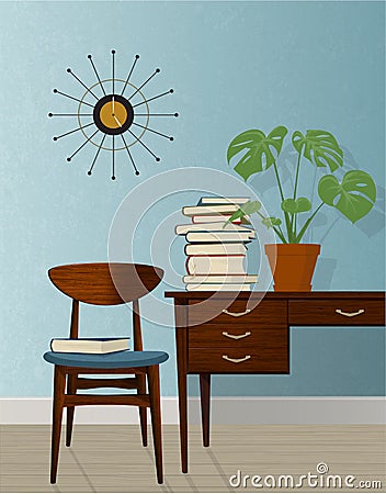 Retro Mid-century modern home office scene Vector Illustration