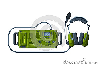 Retro Military Radio Transmitter Device with Headphones, Walkie Talkie Flat Vector Illustration Vector Illustration