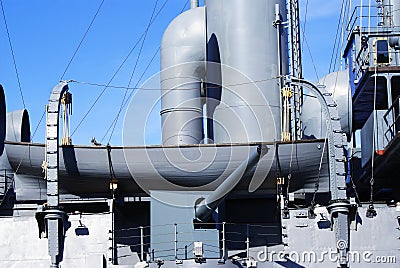 Retro military ship moored on the embankment in the city center, navy. Stock Photo