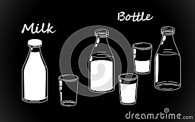 Retro milk bottles set, white bottle silhouettes. Old fashioned bio vintage. Vector illustration isolated hand drawing on black Vector Illustration