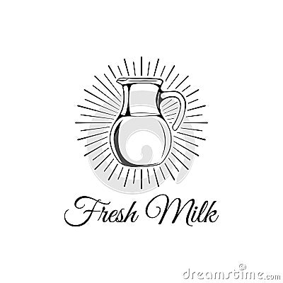 Retro milk jug in beams. Fresh milk text. Vector illustration. Vector Illustration