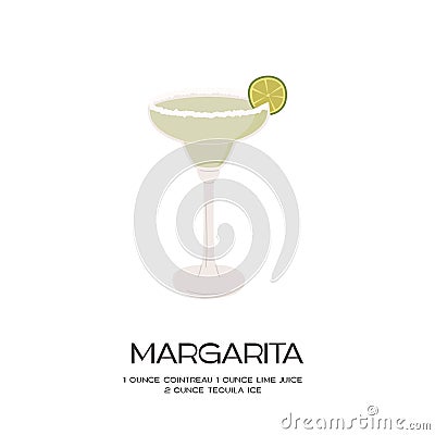 Retro minimalist poster of Margarita cocktail recipe. with salt and lime. Tropical mexican drink with alcohol in martini Vector Illustration