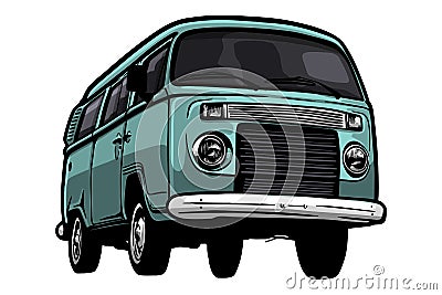 Retro minivan vector illustration - hand drawn Cartoon Illustration