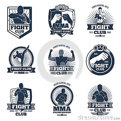 Retro mma vector emblems and labels. Fight club vintage logos Vector Illustration