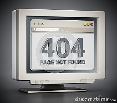 Retro monitor with 404 page not found connection error code on webpage. 3D illustration Cartoon Illustration