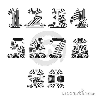 Retro mono line decorative numbers set Vector Illustration