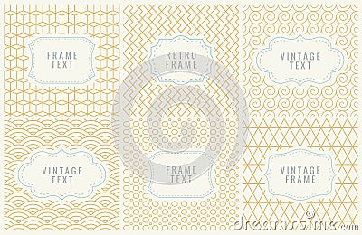 Retro Mono Line Frames with place for Text. Design Template, Labels, Badges on Seamless Geometric Patterns. Minimal Vector Illustration