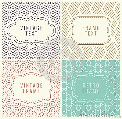 Retro Mono Line Frames with place for Text. Vector Design Template, Labels, Badges on Seamless Geometric Patterns. Vector Illustration