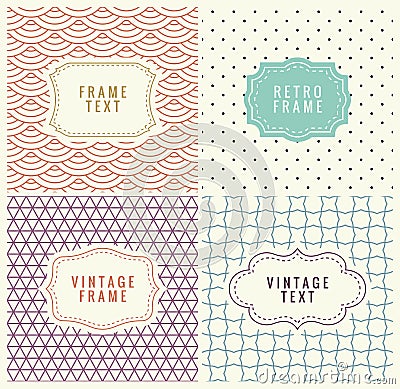 Retro Mono Line Frames with place for Text. Vector Design Template, Labels, Badges on Seamless Geometric Patterns Vector Illustration