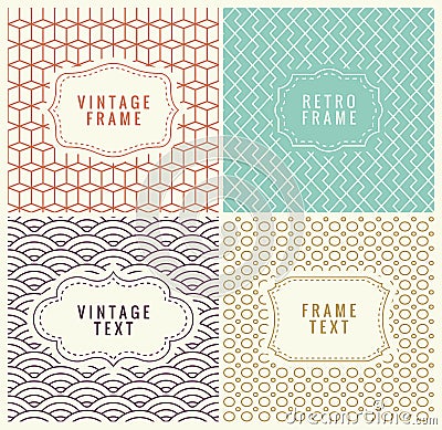 Retro Mono Line Frames with place for Text. Vector Design Template, Labels, Badges on Seamless Geometric Patterns Vector Illustration