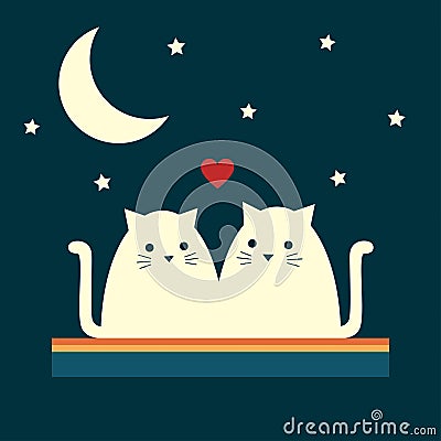 Retro moon cats couple Vector Illustration