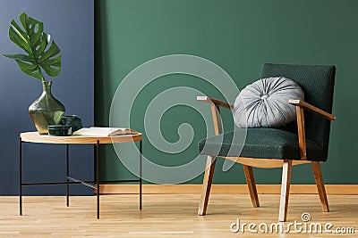 Retro moss green armchair with round, silver pillow next to wooden coffee table with leaf in glass vase, copy space on empty wall Stock Photo