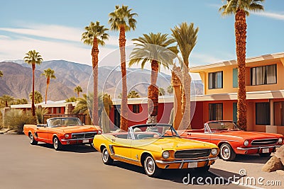 Retro motel exterior with parked vintage cars. Generative AI Stock Photo