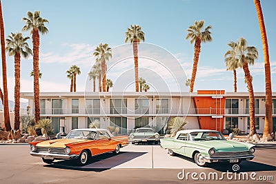 Retro motel exterior with parked vintage cars. Generative AI Stock Photo