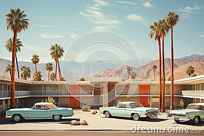 Retro motel exterior with parked vintage cars of travelers. Generative AI Stock Photo