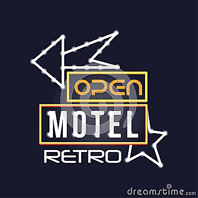 Retro motel neon sign, vintage bright glowing signboard, light banner vector Illustration Vector Illustration