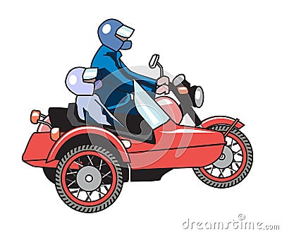 Retro motorcycle with sidecar with two passengers Vector Illustration