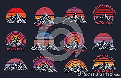 Retro mountains sunset. Mountain peaks with rising sun, wild adventure print and grunge rainbow stripes vector set Vector Illustration