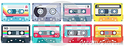 Retro music cassette. Stereo DJ tape, vintage 90s cassettes tapes and audio tape vector set Vector Illustration