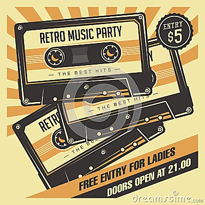 Retro Music Compact Cassette Vintage Signage Poster Vector Vector Illustration