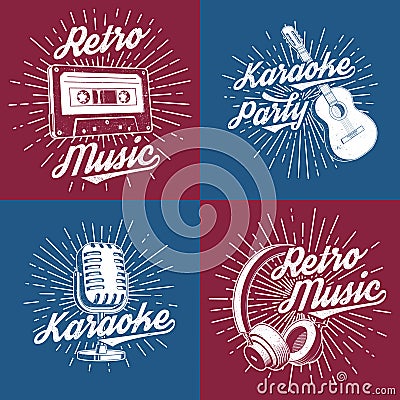 Retro music poster, banner. Retro microphone, headphones, audio cassette, classical acoustic guitar with sunburst Vector Illustration