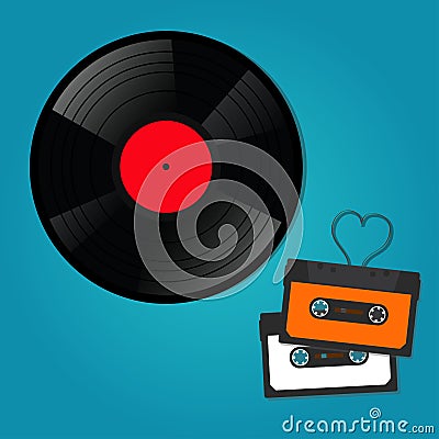 Retro music recordings, audio cassettes, vinyl discs. Vector Illustration