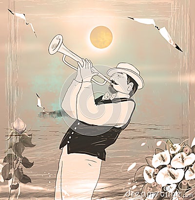 Sunset sea beach Retro musician trumpet jazz watercolor illustration poster Cartoon Illustration