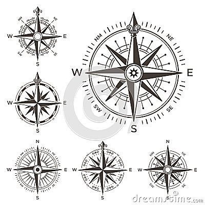 Retro nautical compass. Vintage rose of wind for sea world map. West and east or south and north arrows symbol isolated Vector Illustration