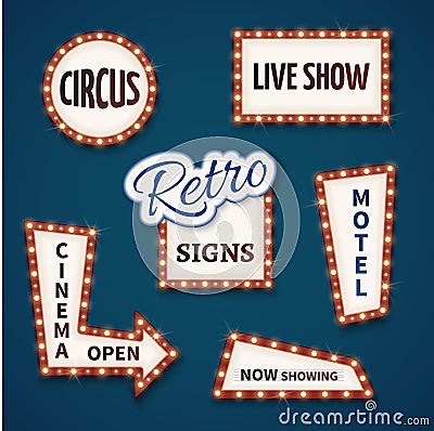 Retro neon bulb vector signs set. Cinema, live show, open, circus, now showing, motel banners Vector Illustration