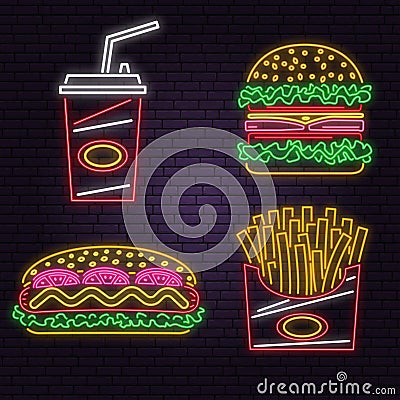 Retro neon burger, cola, hot dog and french fries sign on brick wall background. Design for cafe. Vector. Neon design Vector Illustration