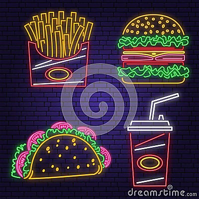 Retro neon burger, cola, taco and french fries sign on brick wall background. Design for cafe. Vector. Neon design for Vector Illustration